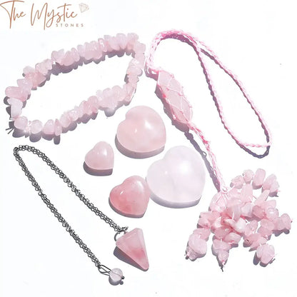 Rose Quartz Healing Crystal Set With Pendulum And Bracelet