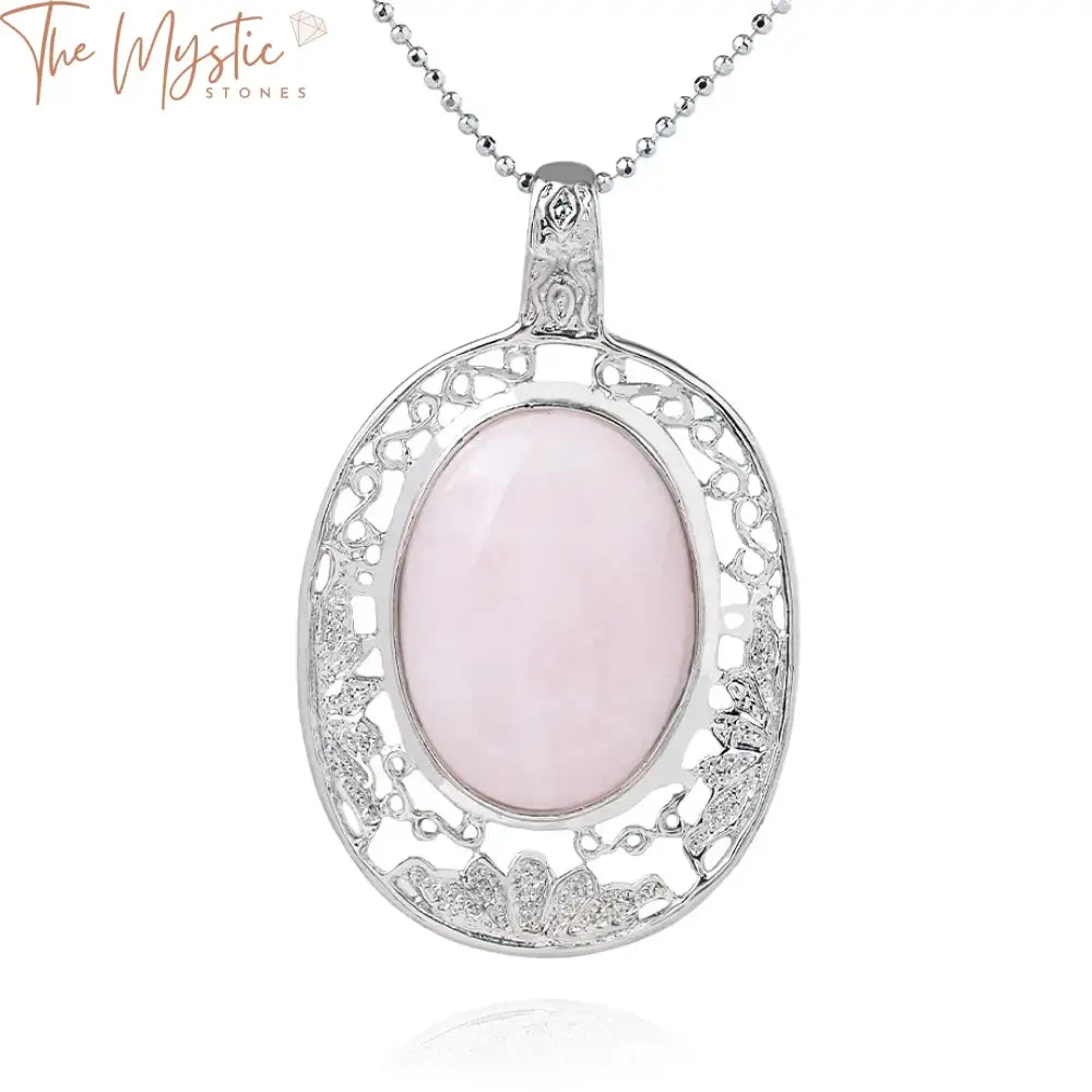 A collection of necklaces featuring large, oval-shaped natural crystal pendants.