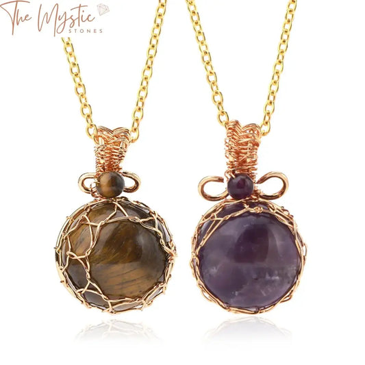 A close-up image of a 7 Chakra natural stone pendant necklace showcasing a round, wire-wrapped crystal ball.