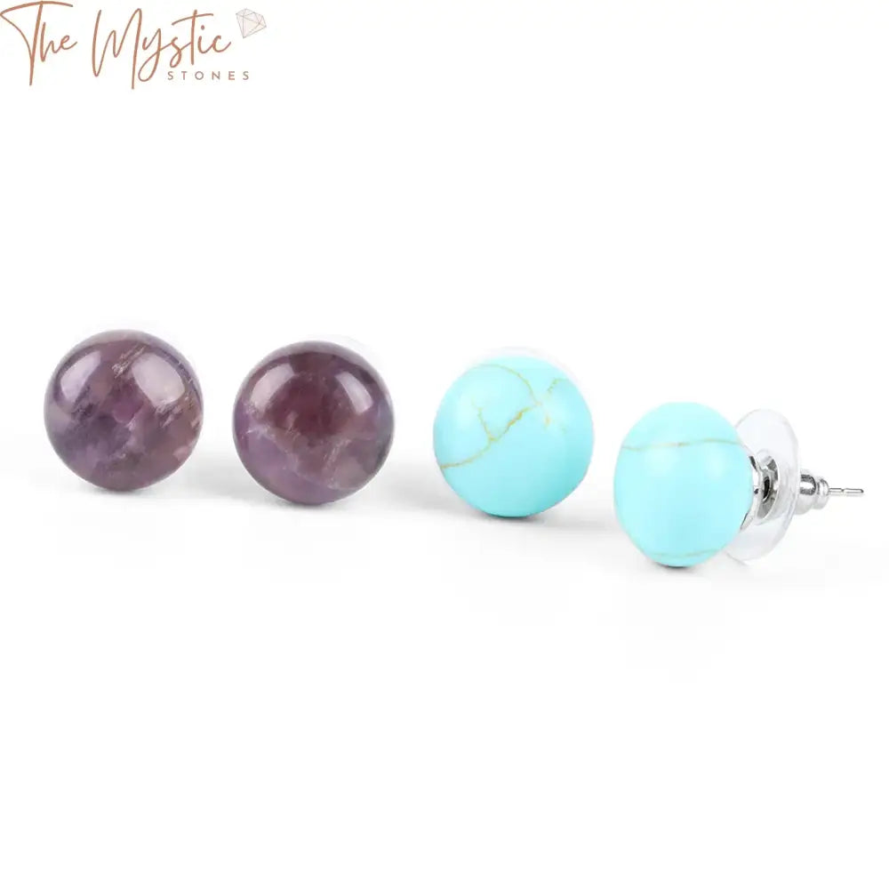 A pair of push-back stud earrings featuring round bean-shaped natural gemstone beads.