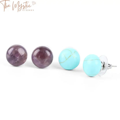 A pair of push-back stud earrings featuring round bean-shaped natural gemstone beads.