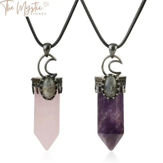 A collection of semi-precious stone pendants featuring natural crystal designs.