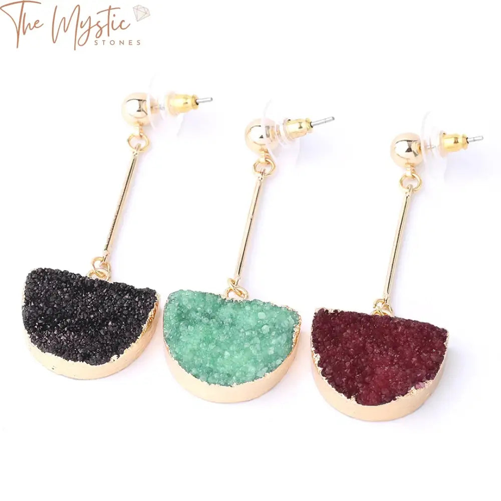 Semicircle Druzy Quartz Stud Earrings