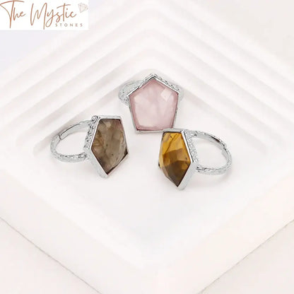 Shield Stone Faceted Ring - Tiger Eye & Amethyst Crystal