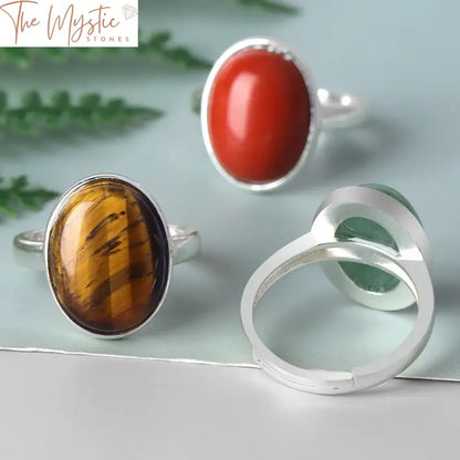 Silver Adjustable Egg-Shaped Crystal & Tiger Eye Ring