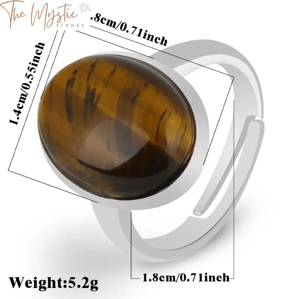 Silver Adjustable Egg-Shaped Crystal & Tiger Eye Ring