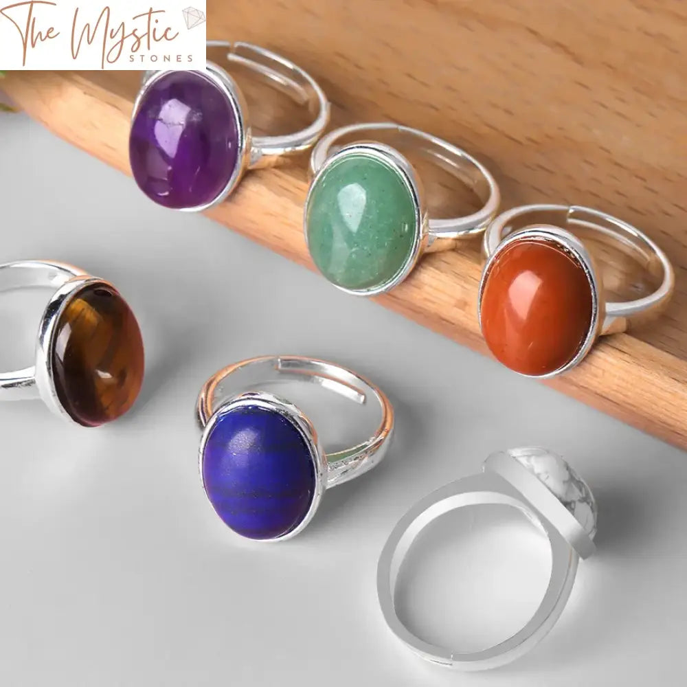 Silver Adjustable Egg-Shaped Crystal & Tiger Eye Ring