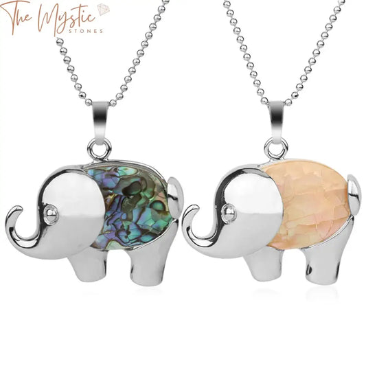 A silver-colored necklace featuring a charming elephant pendant made from a natural shell material.