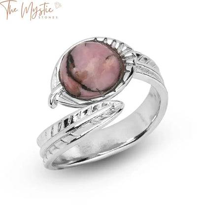 Silver Leaf Crystal Cabochon Adjustable Ring