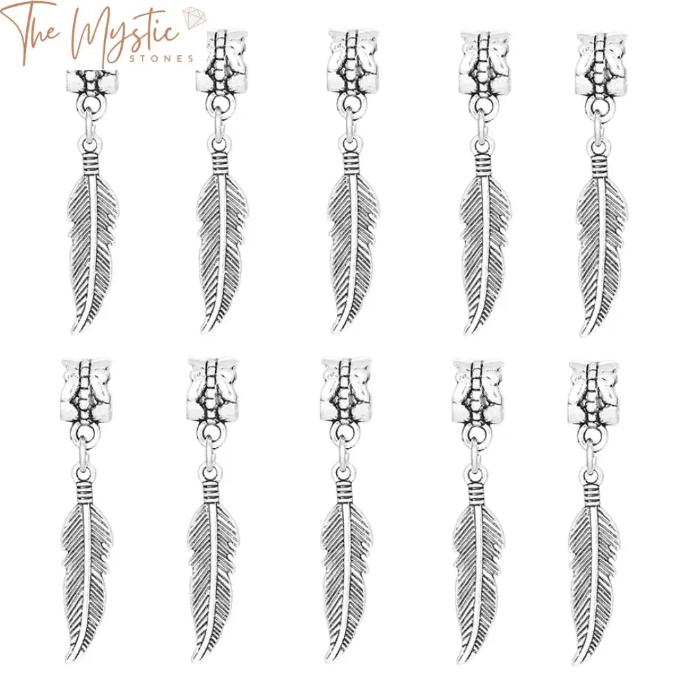 A set of 10 antique silver-colored leaf and feather bead connectors designed for DIY bracelet jewelry.