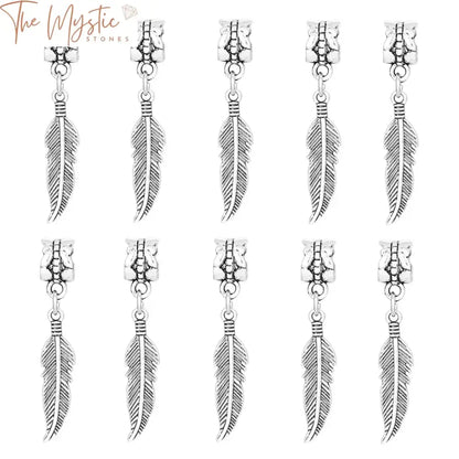 A set of 10 antique silver-colored leaf and feather bead connectors designed for DIY bracelet jewelry.