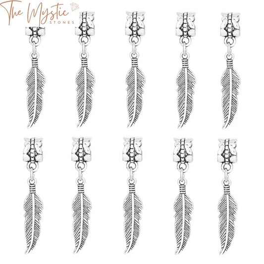 A set of 10 antique silver-colored leaf and feather bead connectors designed for DIY bracelet jewelry.