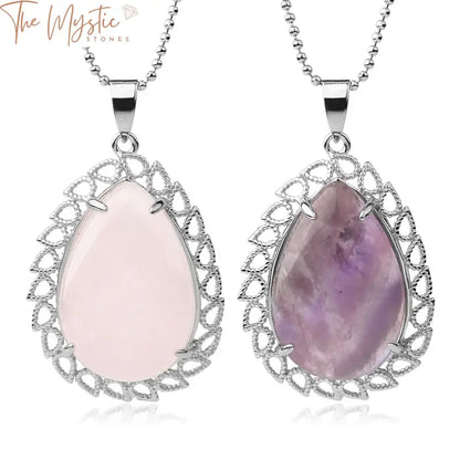 A collection of elegant pendants, each featuring a natural pink quartz crystal stone set in hollow, flatback silver settings.