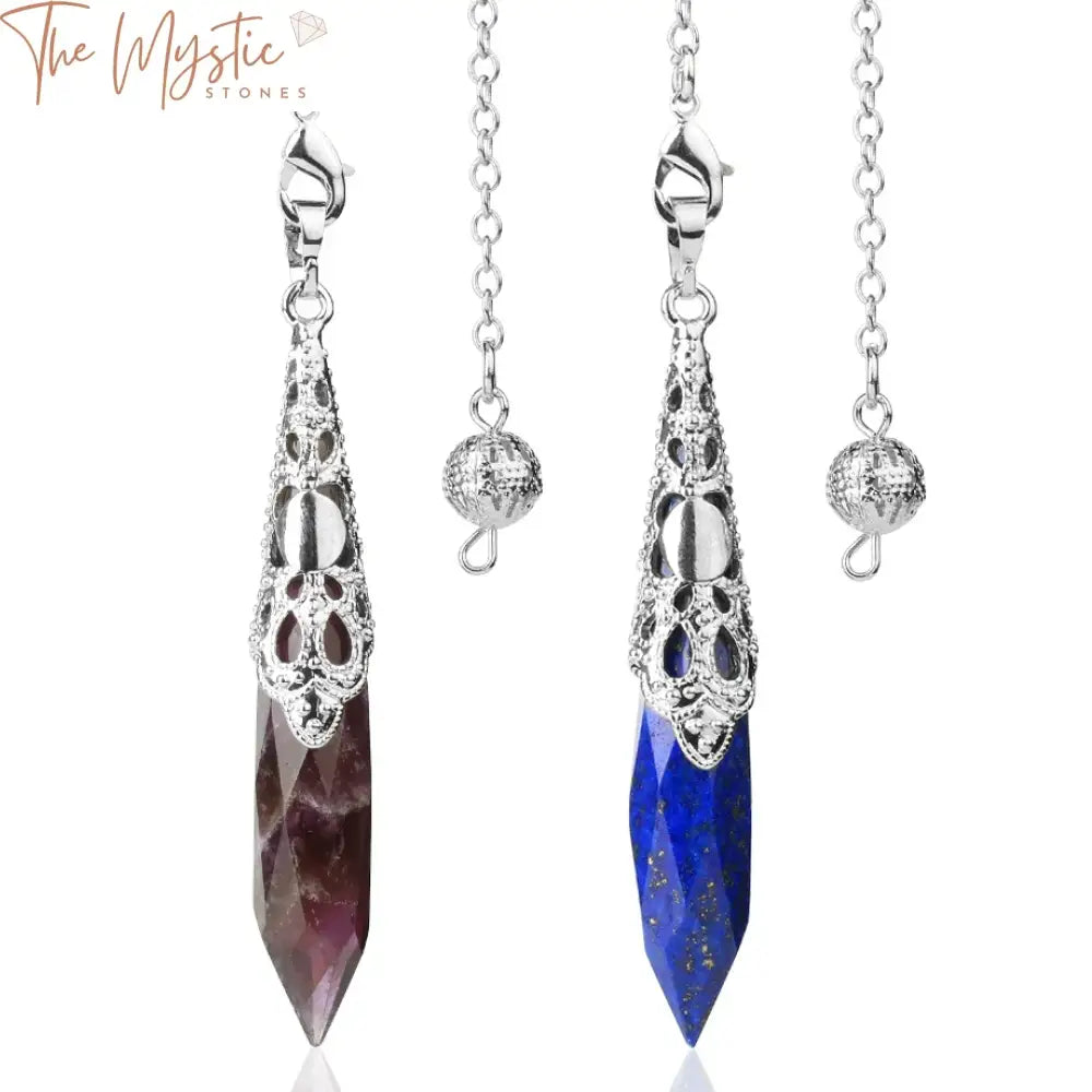 A crystal quartz pendulum with a silver chain, featuring a polished, transparent natural stone in a tapered shape.