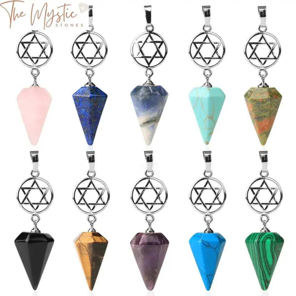 A collection of cone-shaped natural quartz crystal pendants, designed as Star of David shapes.