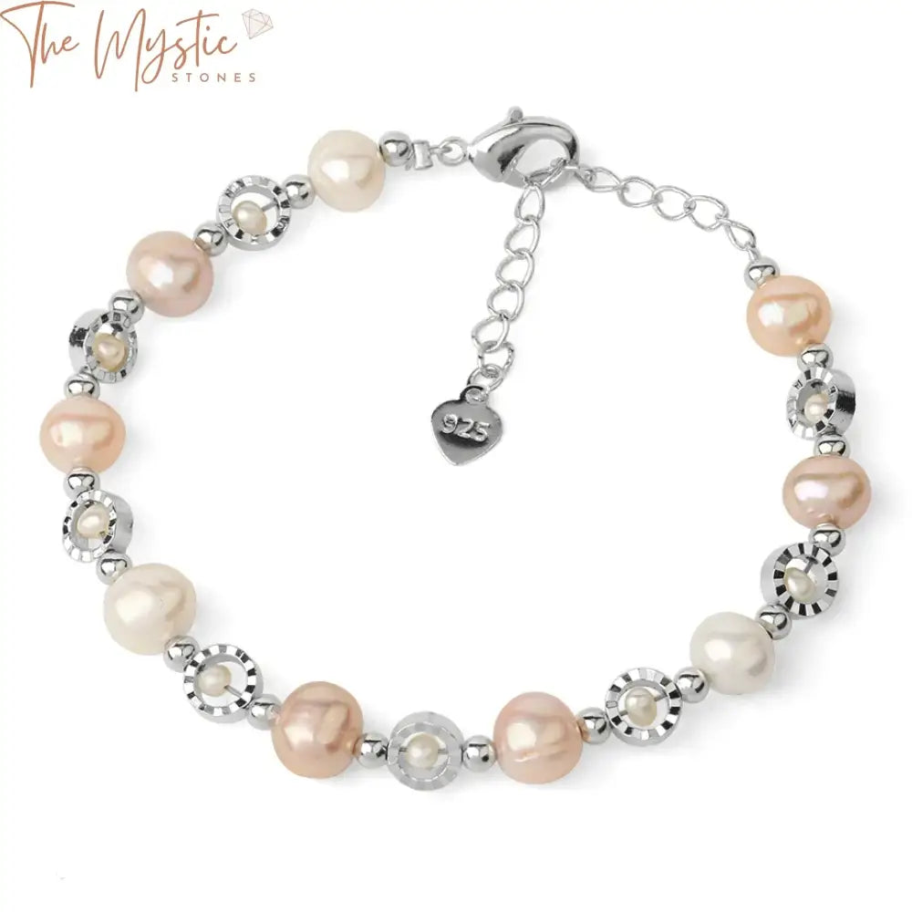 A collection of natural pearl bracelets featuring baroque irregular-shaped pearls in shades of white and pink.