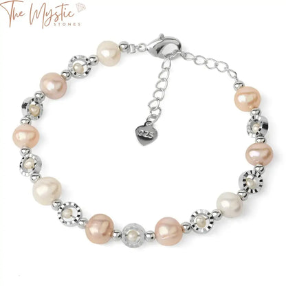 A collection of natural pearl bracelets featuring baroque irregular-shaped pearls in shades of white and pink.