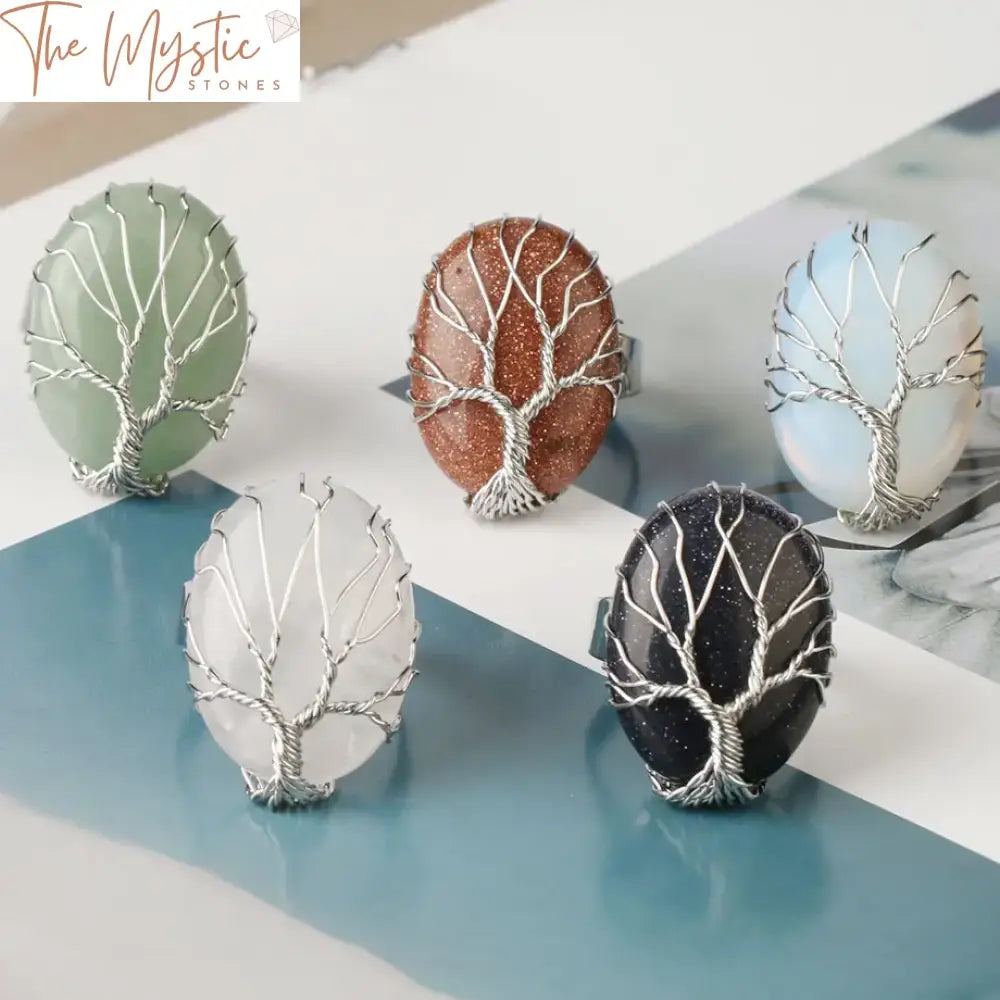 Silver Tree Of Life Wire-Wrapped Natural Stone Ring