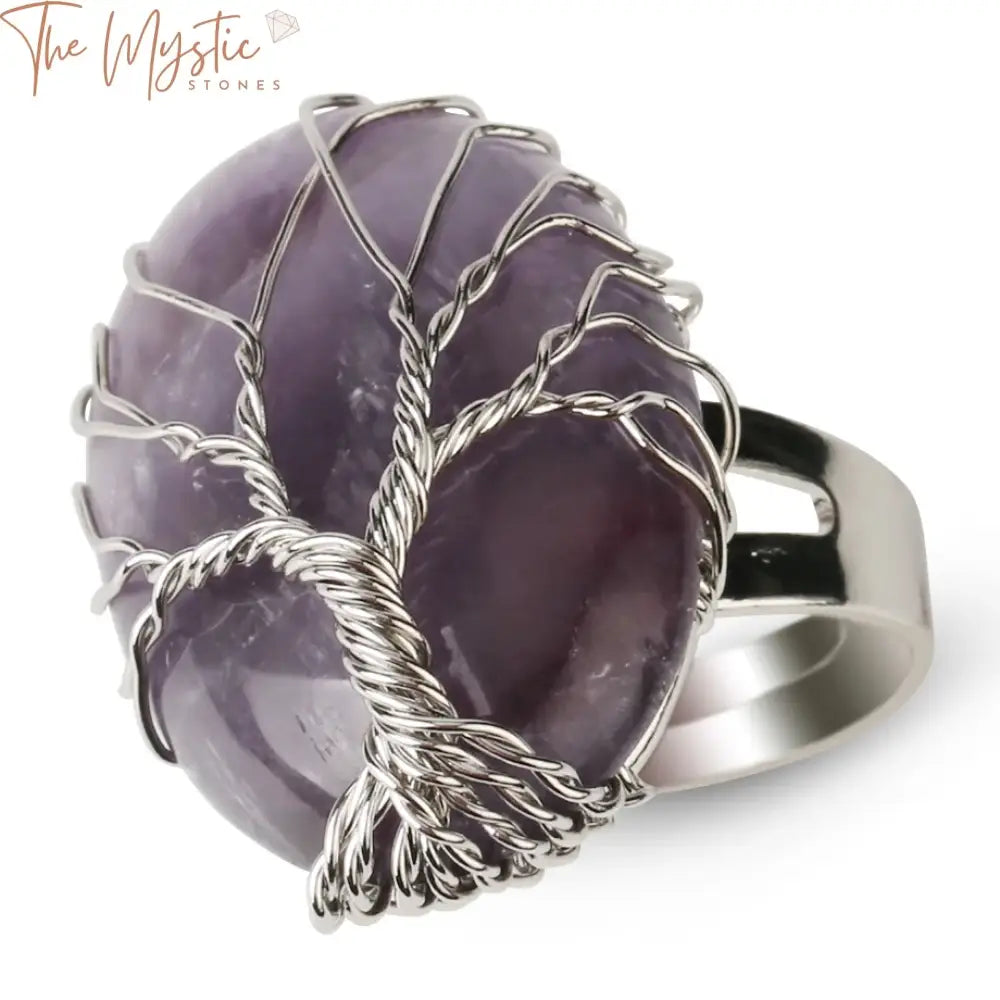 Silver Tree Of Life Wire-Wrapped Natural Stone Ring