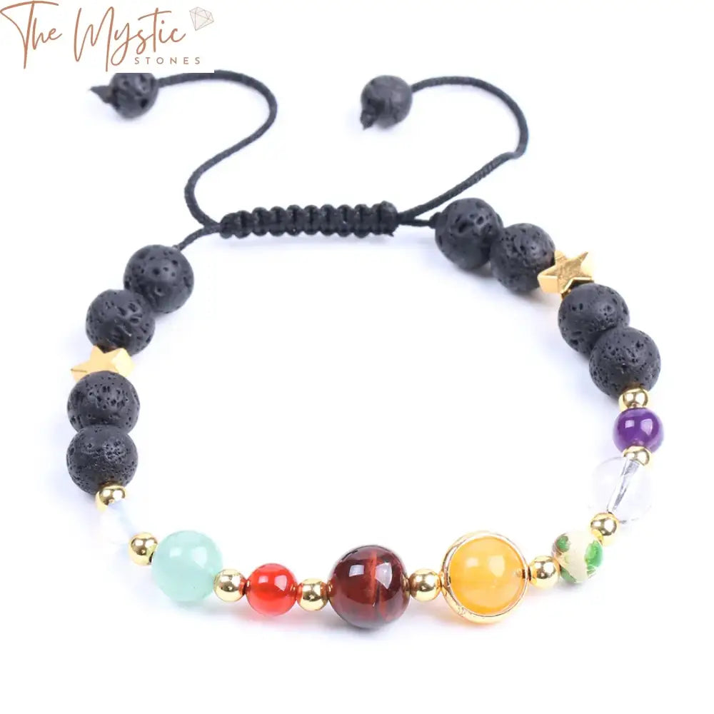 A stylish bracelet featuring an array of natural stone beads, each representing different planets of the solar system.