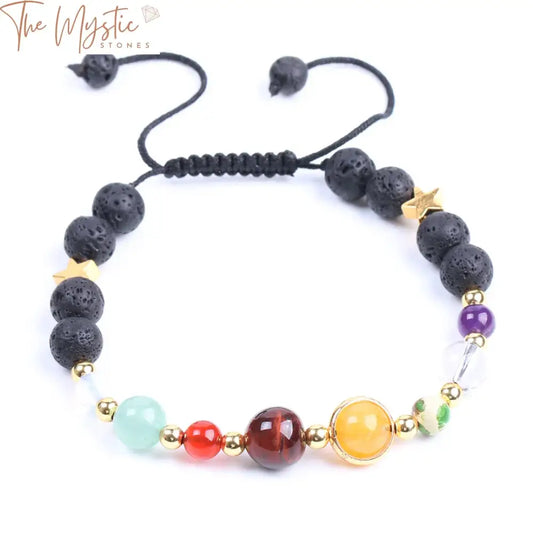 A stylish bracelet featuring an array of natural stone beads, each representing different planets of the solar system.