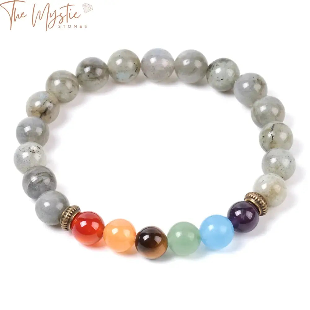 A bracelet made of natural spectrolite labradorite beads, representing the 7 chakras.