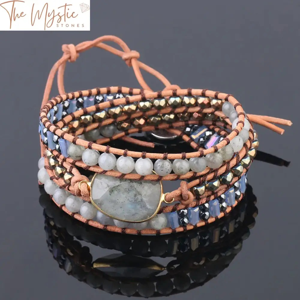 Spectrolite Labradorite & Hematite Leather Wrap Bracelet