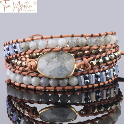 Spectrolite Labradorite & Hematite Leather Wrap Bracelet