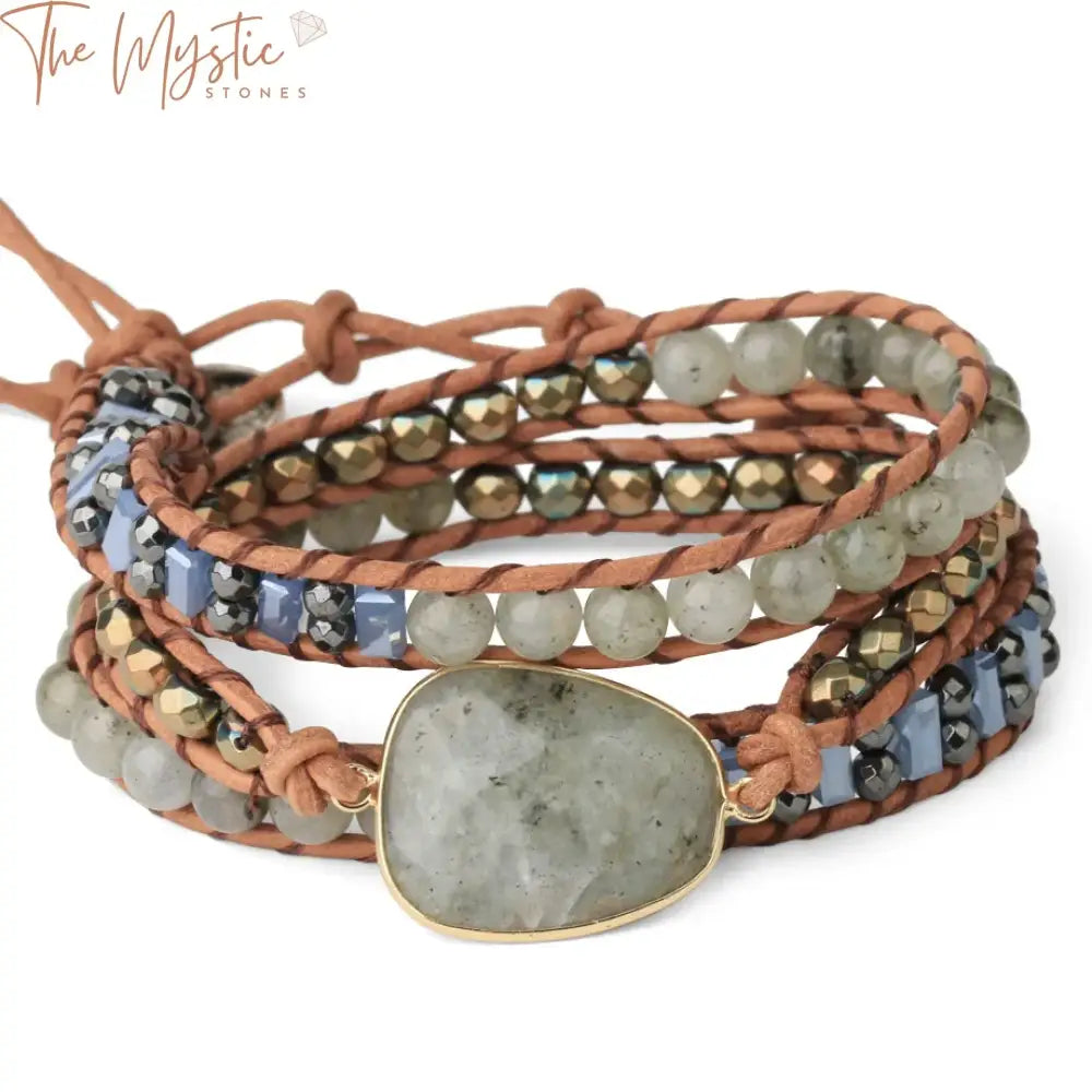 A collection of handcrafted multilayer wrap bracelets displayed on a light surface.