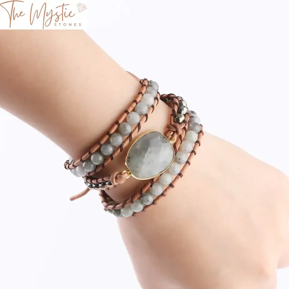 Spectrolite Labradorite & Hematite Leather Wrap Bracelet