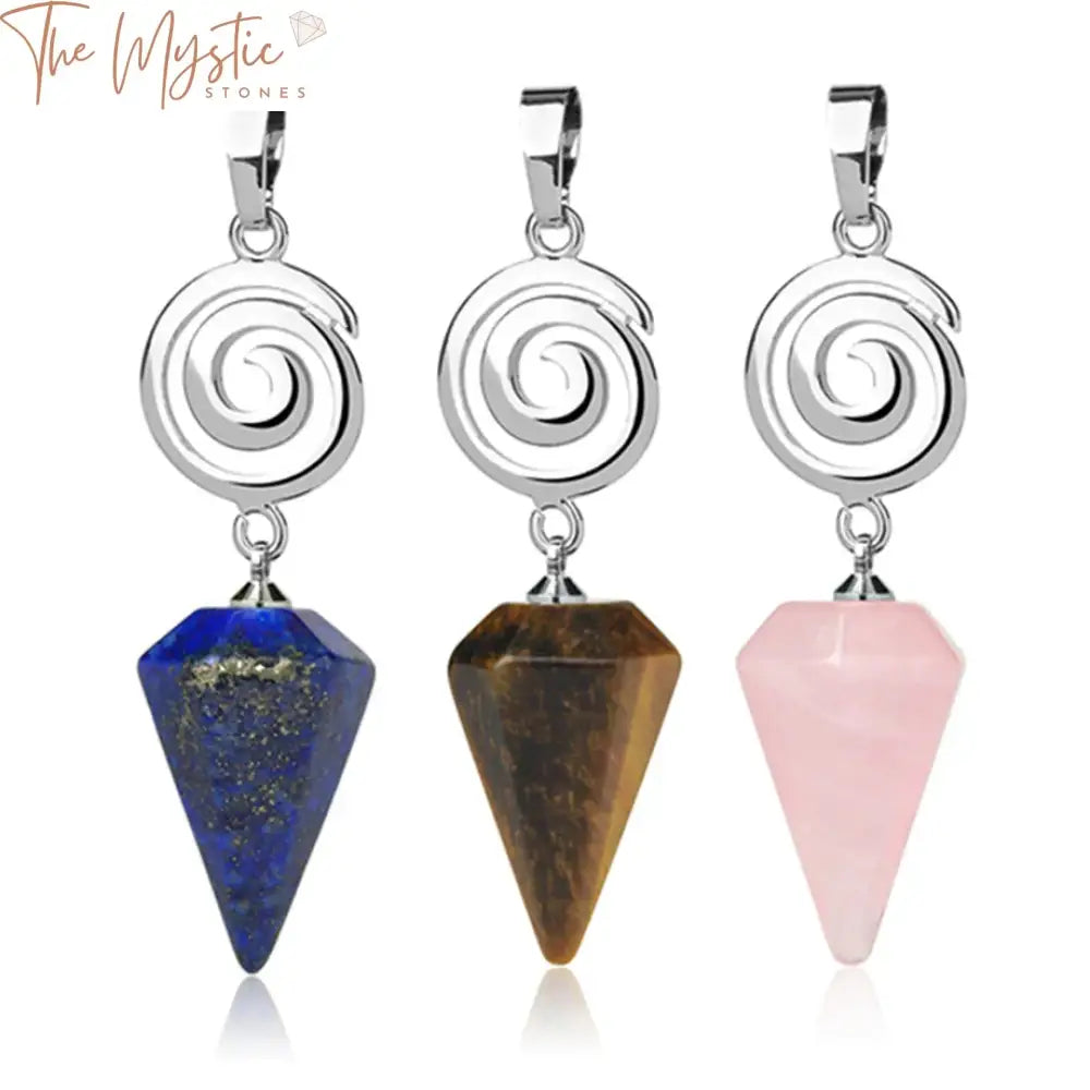 A collection of quartz cone spiral crystal pendants designed for necklace jewelry making.