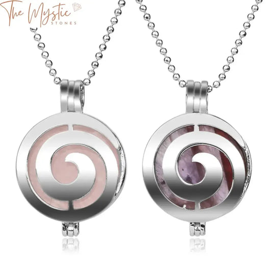 A collection of Healing Natural Stone Spiral Locket Pendants displayed on a soft, neutral background.