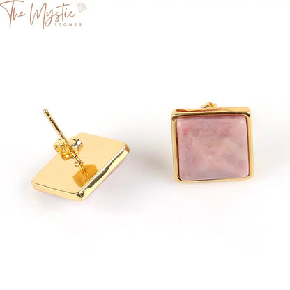 Square gold-colored stud earrings featuring a natural gemstone opal with white crystal accents.