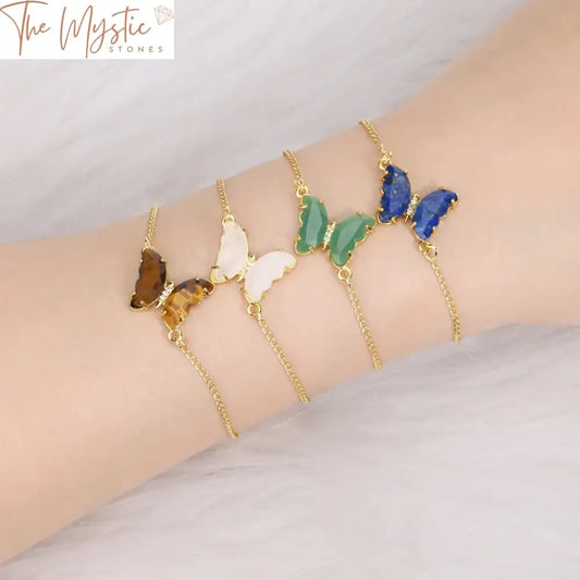 Stainless Steel Butterfly Bracelet With Natural Stone Crystals