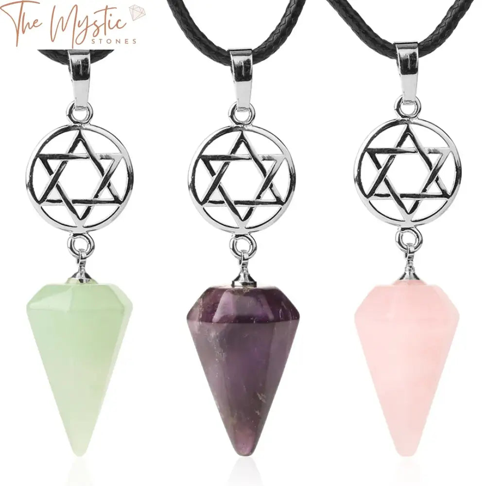 A natural stone pendant necklace featuring a cone-shaped Star of David crystal design.