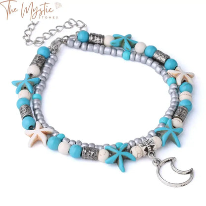 A pair of stylish two-layer beaded anklets featuring starfish and star charms.