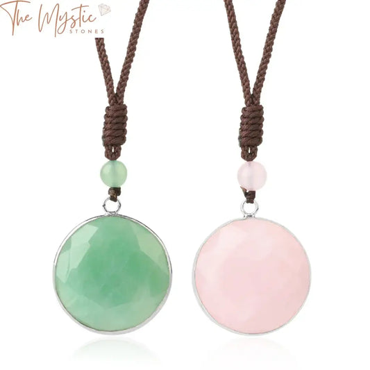 A natural stone crystal necklace featuring a round pendant made from black tiger eye, green aventurine, and pink quartz.