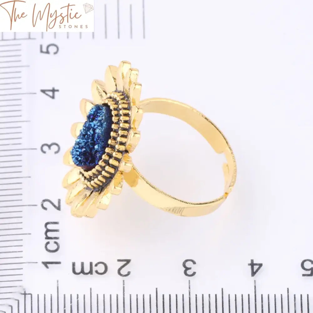 Sunflower Druzy Stone Adjustable Ring – Gold Alloy