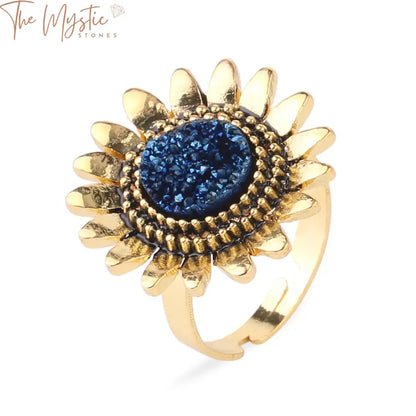 Sunflower Druzy Stone Adjustable Ring – Gold Alloy