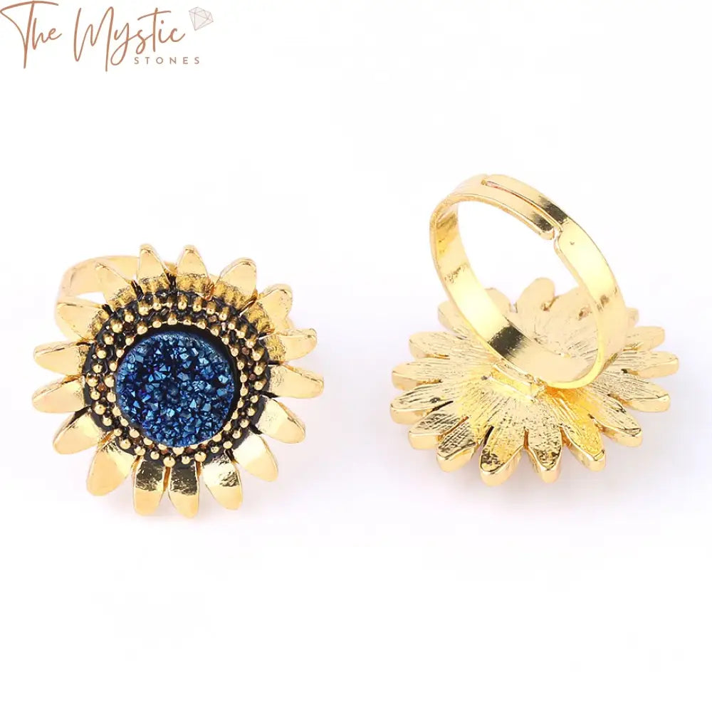 Sunflower Druzy Stone Adjustable Ring – Gold Alloy