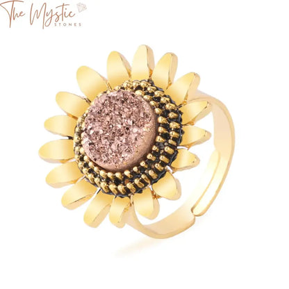 Sunflower Druzy Stone Adjustable Ring – Gold Alloy