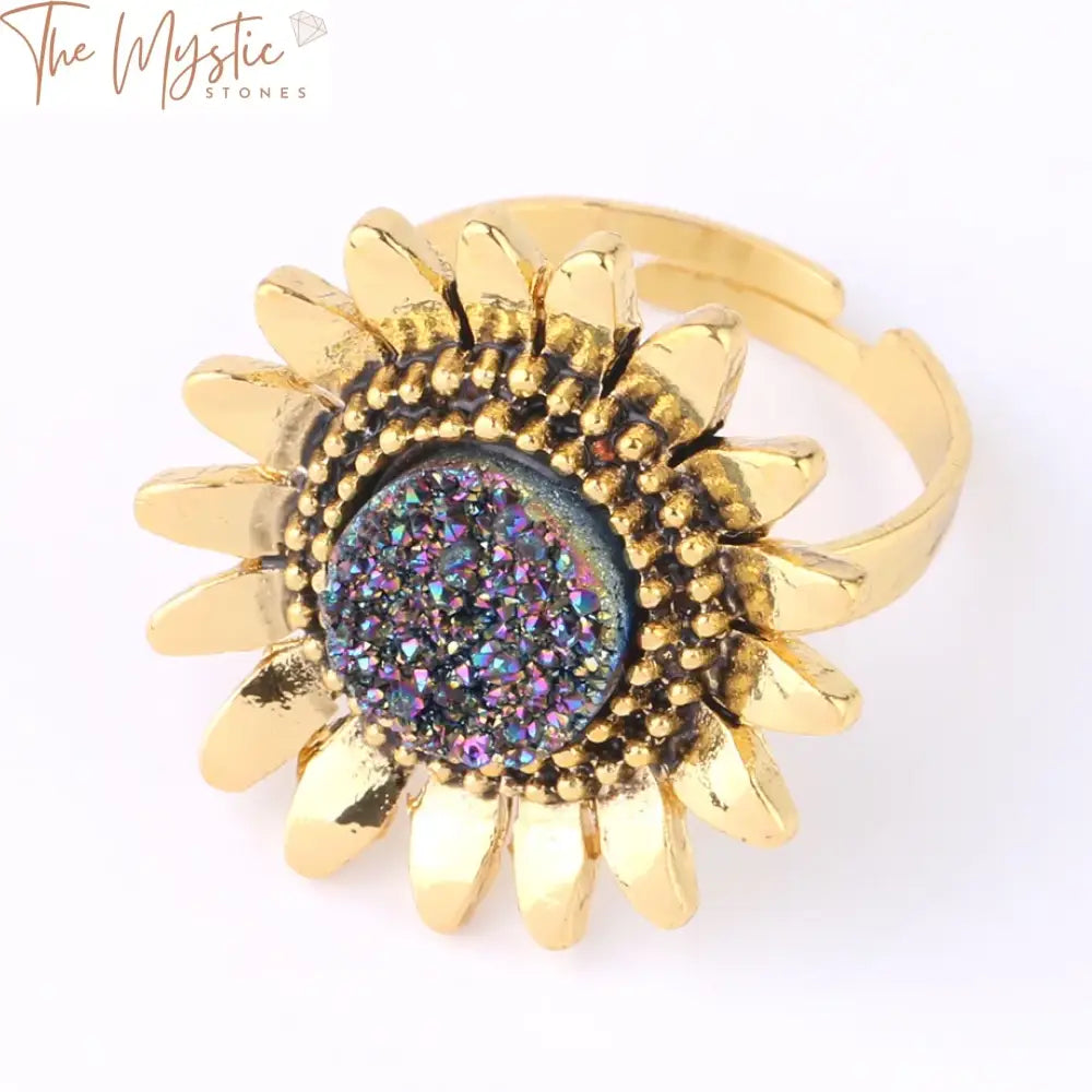 Sunflower Druzy Stone Adjustable Ring – Gold Alloy