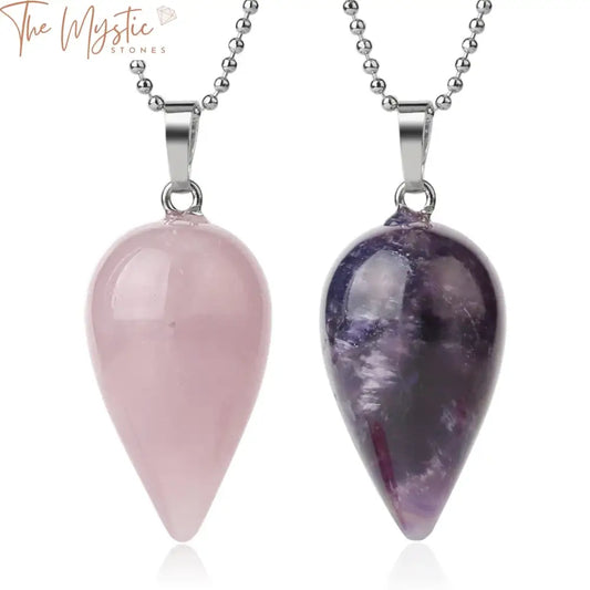 A teardrop-shaped pendant necklace featuring a pointed water drop design made of healing pink quartz and lapis crystal.