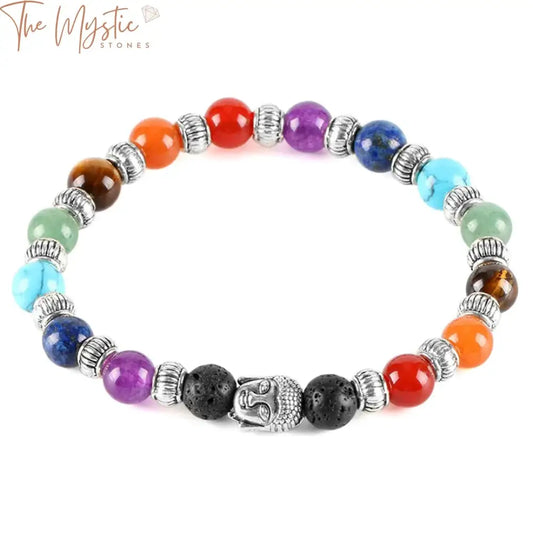 A Tibetan bracelet made with black lava gemstone beads representing the 7 chakras.