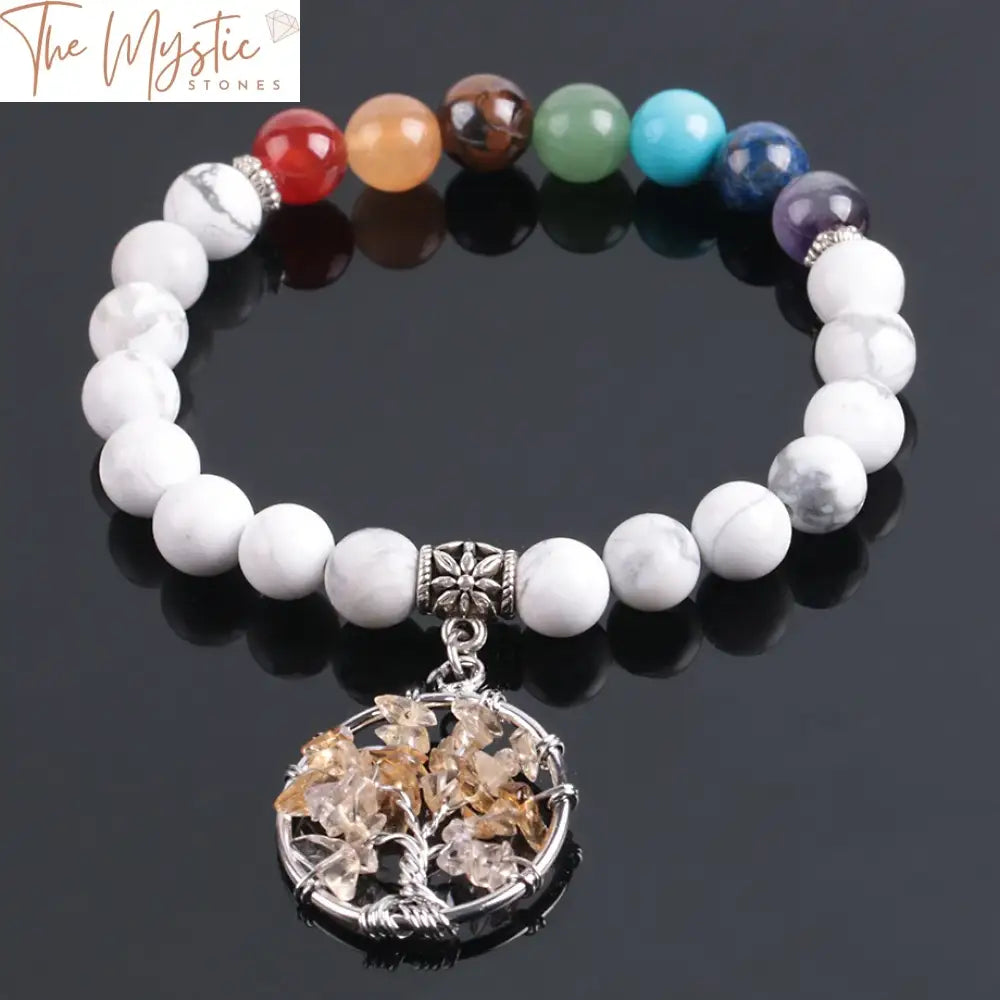 Tibetan White Howlite Chakra Bracelet With Yellow Crystal & Tree Of Life Charm