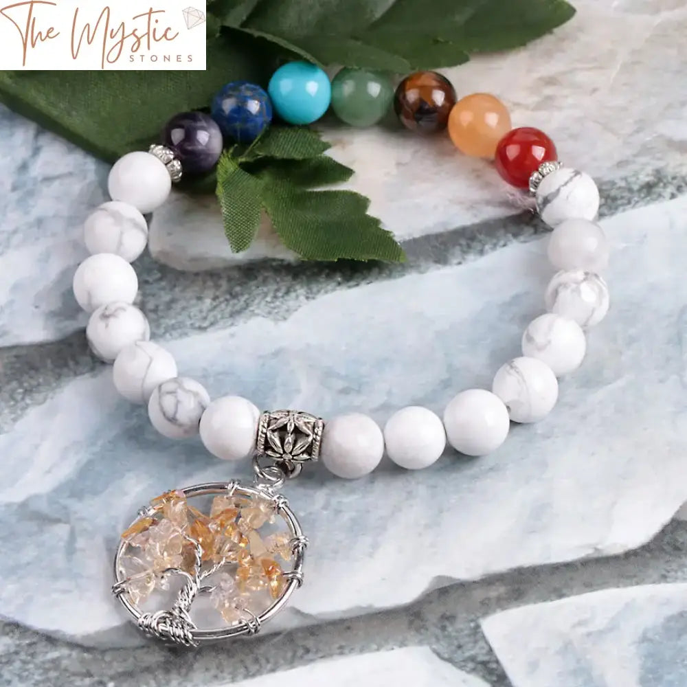 Tibetan White Howlite Chakra Bracelet With Yellow Crystal & Tree Of Life Charm