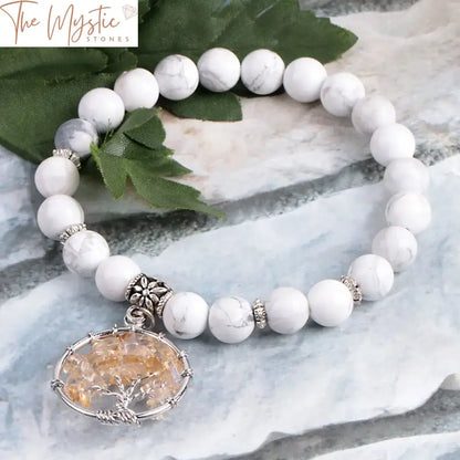 Tibetan White Howlite Chakra Bracelet With Yellow Crystal & Tree Of Life Charm