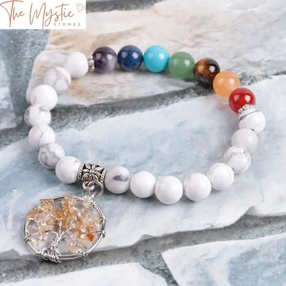 Tibetan White Howlite Chakra Bracelet With Yellow Crystal & Tree Of Life Charm