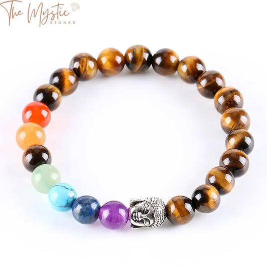 A close-up image of a bracelet featuring 8mm round Tiger Eye beads, interspersed with colorful 7 chakra stones.