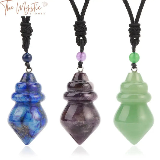 A necklace featuring a large cone-shaped pendant made from a mix of tiger eye, amethyst, and pink crystal quartz stones.